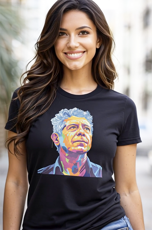 Culinary explorer pop art portrait tee worn by model black graphic t-shirt outdoor