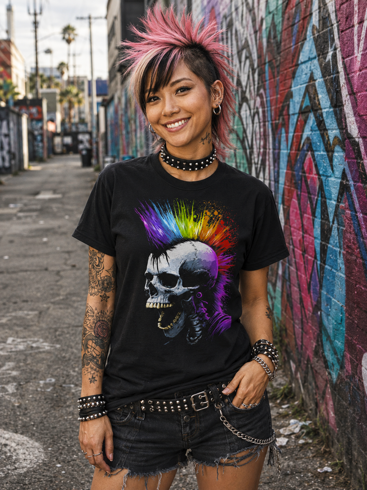 Punk skull skeleton shirt rainbow mohawk colorful graphic tee black edgy dark art