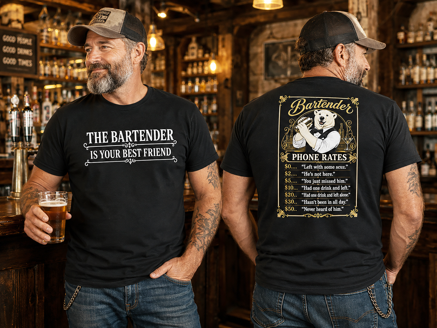 Bartender T-Shirt — Two Sided Funny Polar Bear Phone Rates Tee