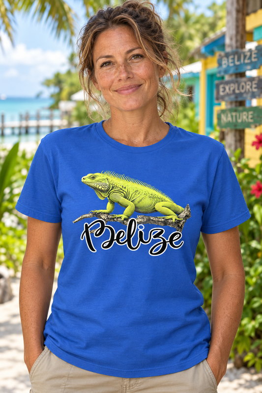 A woman wearing a belize t-shirt, green iguana illustration, tropical wildlife graphic, iguana on branch design, hand-lettered script wordmark, reptile lover tee, travel destination shirt, vacation souvenir graphic, nature documentary style print, unisex crew neck shirt