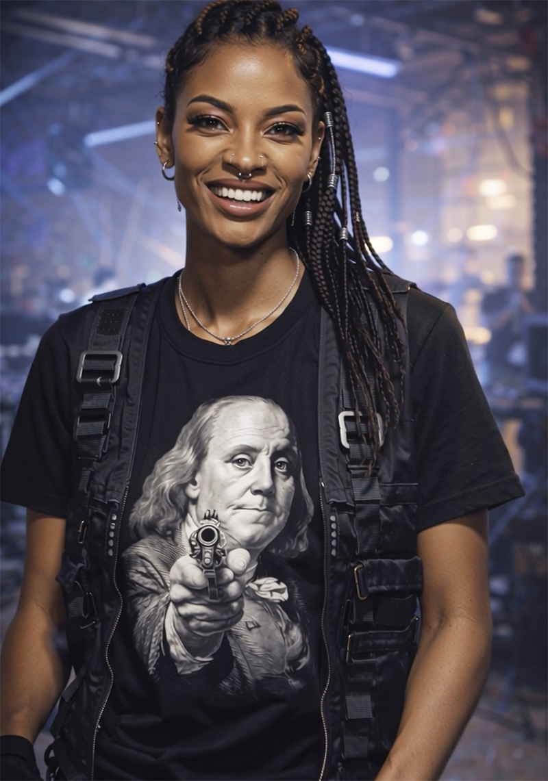 Benjamin Franklin No Warnings parody tee worn by model black t-shirt concert setting