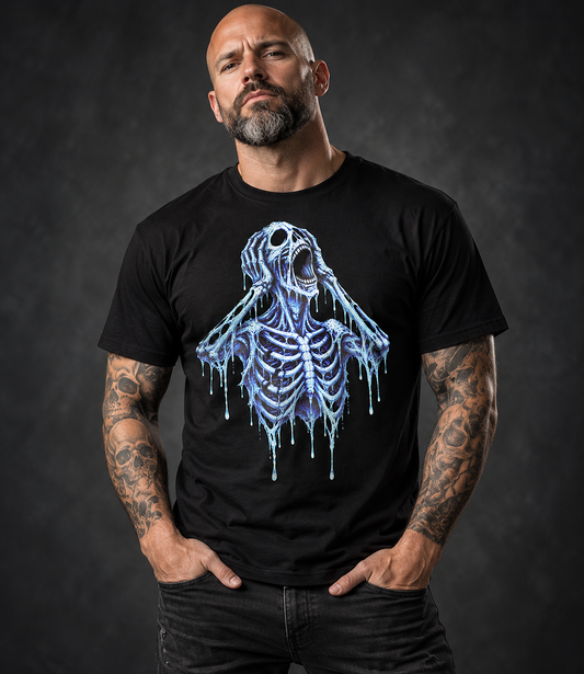 A man with tattoos wearing a icy scream t-shirt, black graphic tee, screaming skeleton illustration, skull face dripping ice design, horror skeleton graphic print, blue drip skull art, gothic horror streetwear shirt, frozen nightmare graphic, the scream parody pose, unisex crew neck shirt