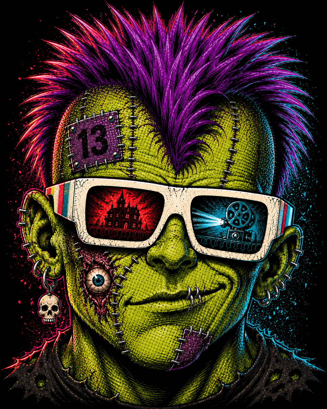 punk monster, black graphic, stitched green face illustration, purple mohawk design, retro 3d glasses reflection, skull earring graphic, patchwork monster tee, halloween horror shirt, gothic streetwear design, unisex crew neck shirt