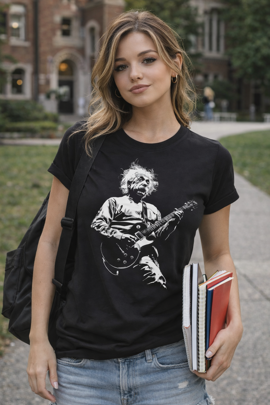 Albert Einstein guitar parody Relatively Rockin' tee worn by female college student on campus black t-shirt