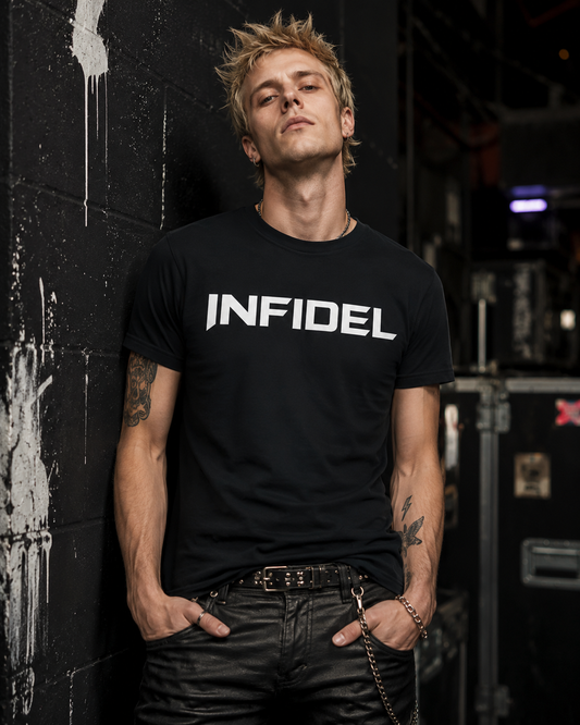 Infidel t-shirt bold white punk rock graphic tee black offensive rebel outlaw statement shirt