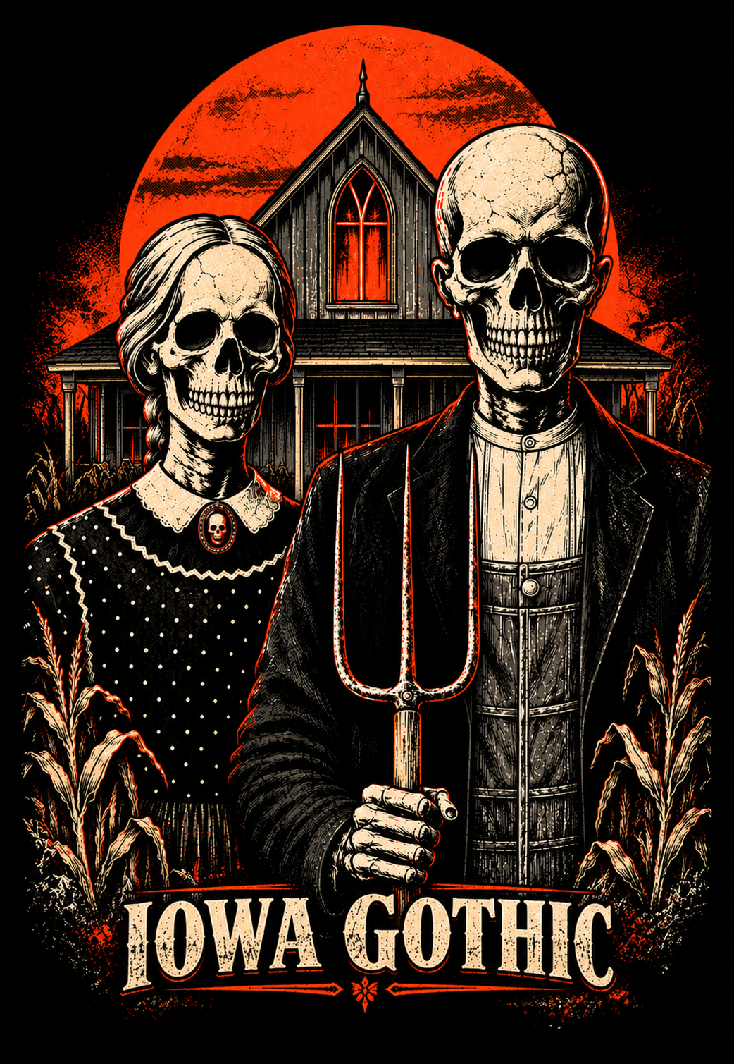 Design of iowa gothic t-shirt, black graphic tee, skeleton farm couple illustration, gothic farmhouse graphic design, american gothic parody print, pitchfork skull art, blood red sky design, midwest horror streetwear shirt, cornfield gothic graphic, unisex crew neck shirt