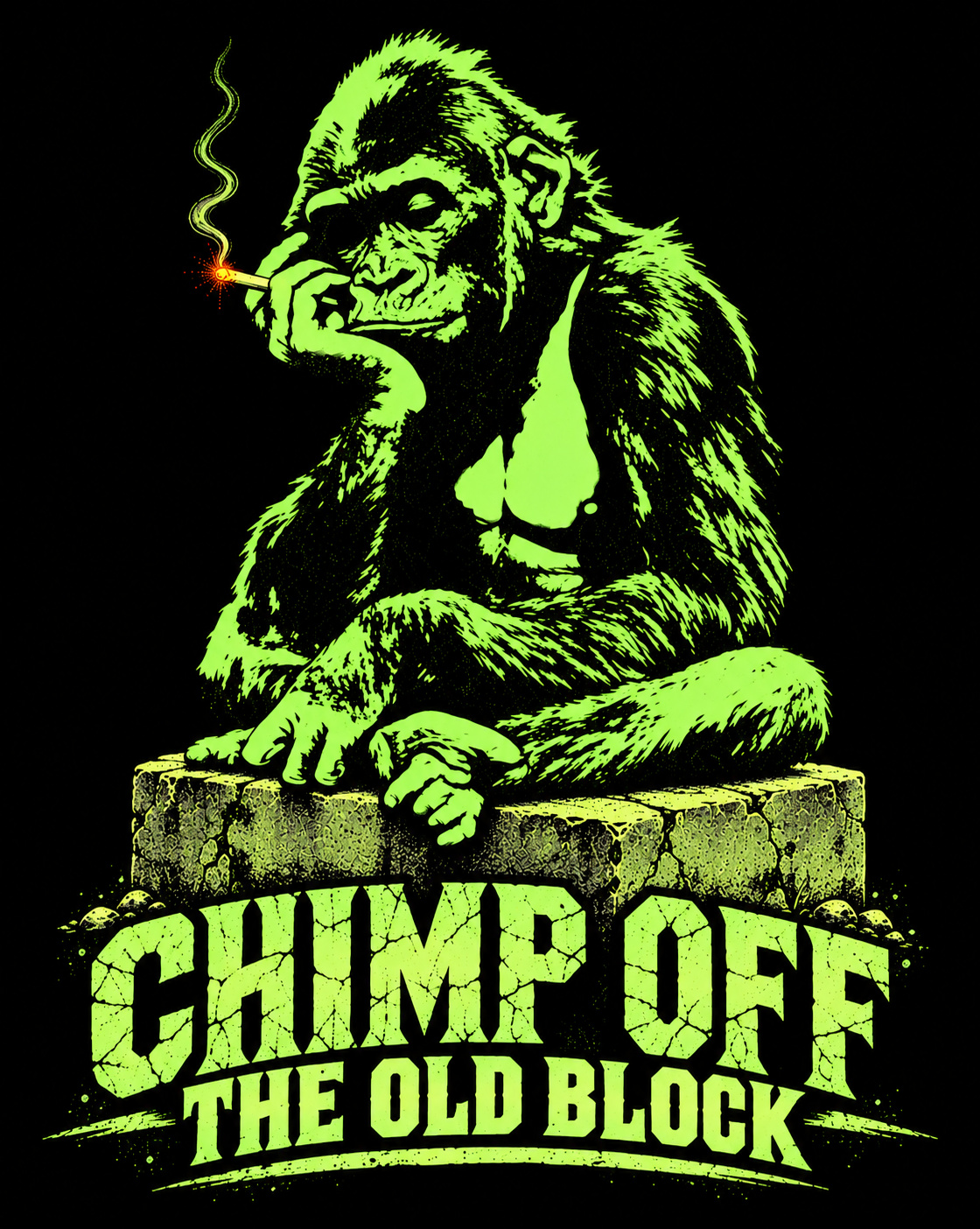 Design of a chimp off the old block t-shirt, black graphic tee, neon green gorilla illustration, smoking gorilla graphic design, cracked concrete block art, streetwear gorilla print, funny generational pun shirt, urban jungle style graphic, bold neon print design, unisex crew neck shirt