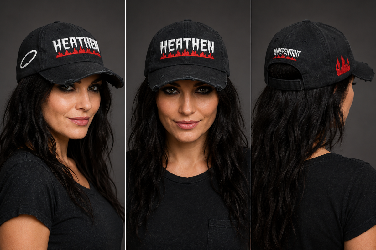 Heathen Unrepentant Distressed Dad Hat — Fire Embroidered Black Baseball Cap