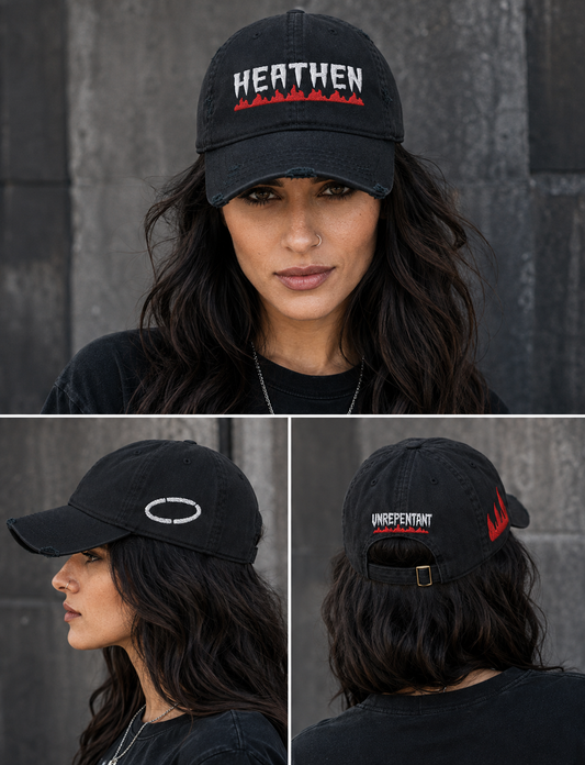 Heathen Unrepentant Distressed Dad Hat — Fire Embroidered Black Baseball Cap