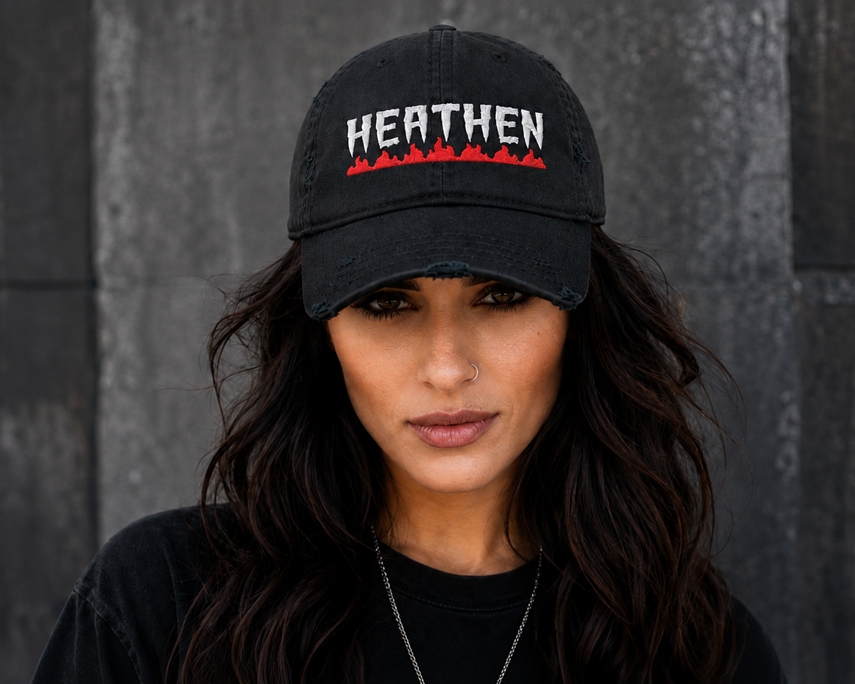 Heathen Unrepentant Distressed Dad Hat — Fire Embroidered Black Baseball Cap