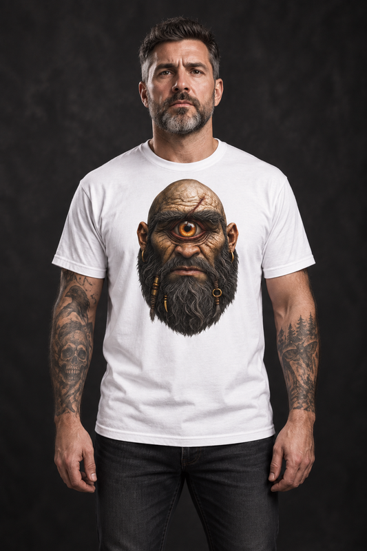A man wearing a cyclops t-shirt, white graphic tee, one eyed giant illustration, braided beard design, gold hoop earring graphic, scarred bald head design, mythical monster tee, halloween horror shirt, gothic streetwear design, unisex crew neck shirt
