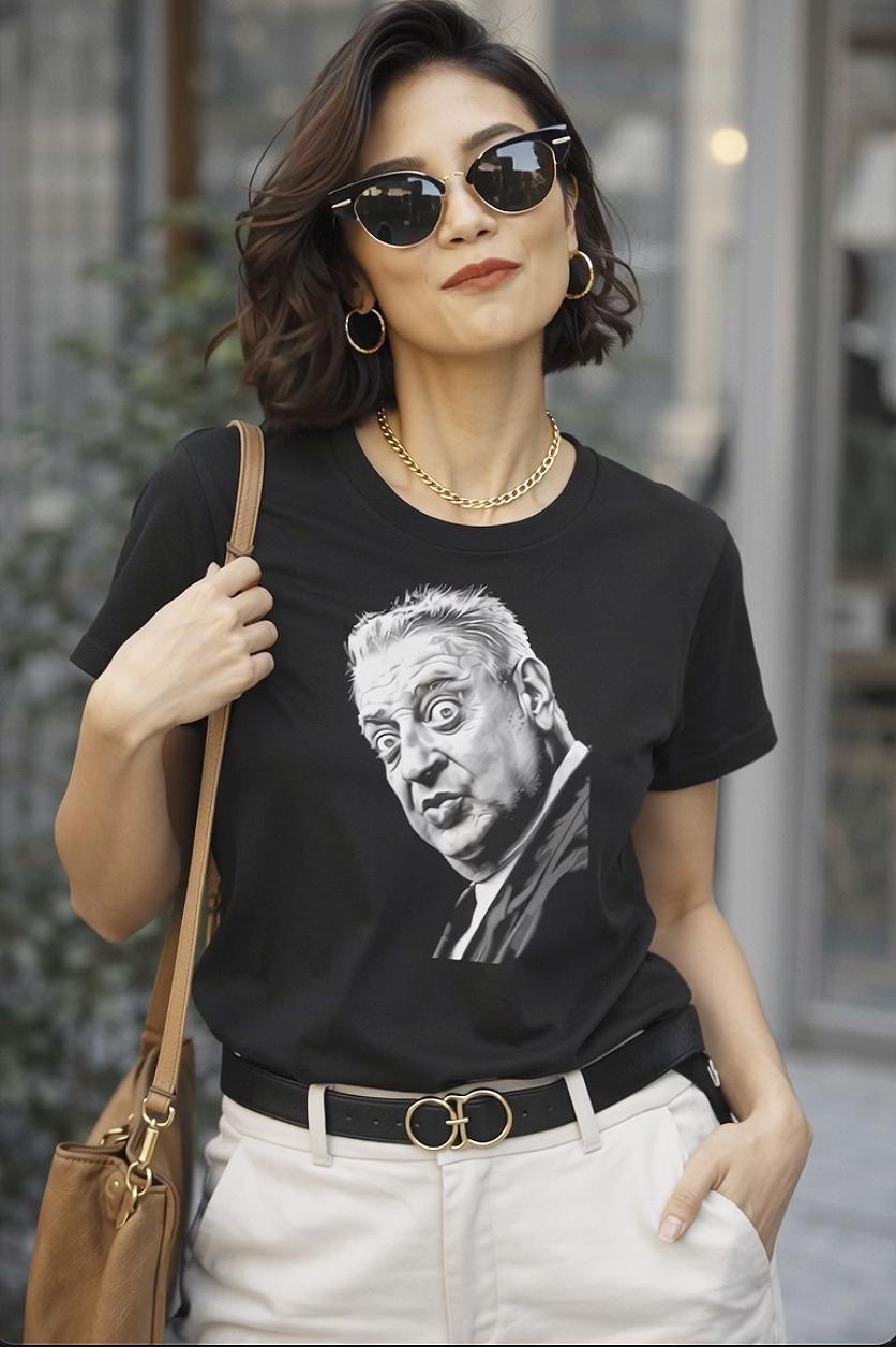 Rodney Dangerfield portrait tee worn by model black graphic t-shirt