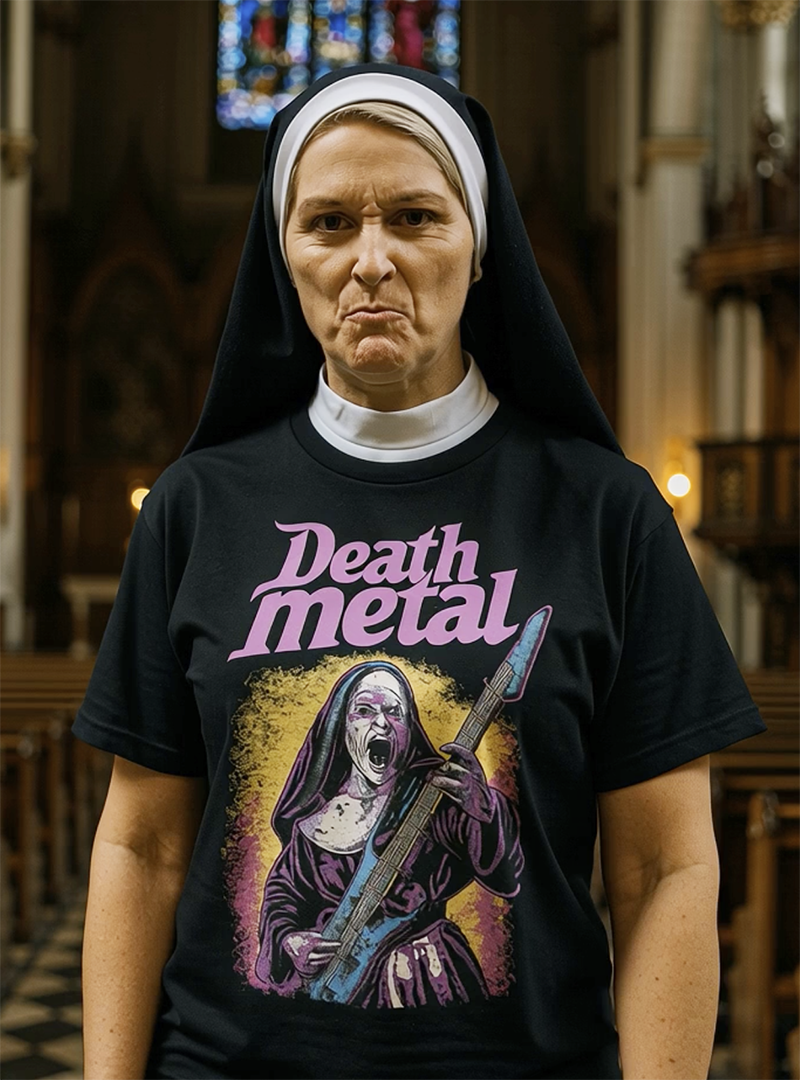 Death Metal nun Sister of No Mercy irreverent humor tee worn by nun model inside cathedral black t-shirt