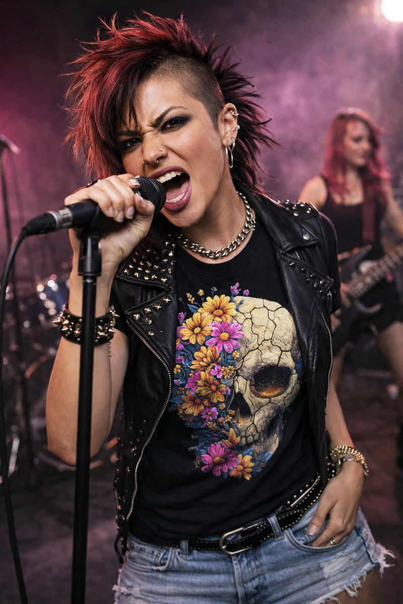 Death in Bloom floral skull tee worn by punk female vocalist on concert stage black t-shirt