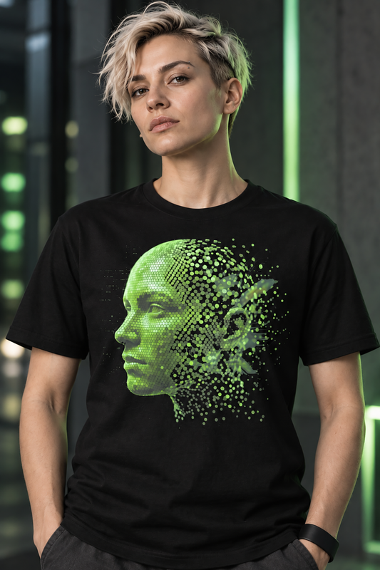 A woman wearing a digital face t-shirt, black graphic tee, green pixelated portrait design, cyberpunk ai illustration, fragmented data particle graphic, circuit board background design, futuristic tech tee, sci fi streetwear shirt, hacker aesthetic design, unisex crew neck shirt
