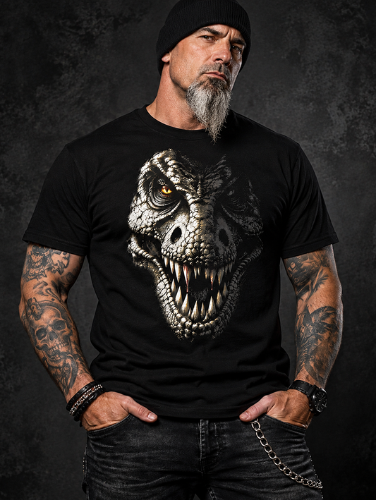 A man wearing a tee rex t-shirt, black graphic tee, realistic t-rex face illustration, dinosaur teeth closeup design, prehistoric predator graphic print, amber eye dinosaur art, dripping blood dinosaur design, hyper-realistic animal print shirt, apex predator streetwear graphic, unisex crew neck shirt