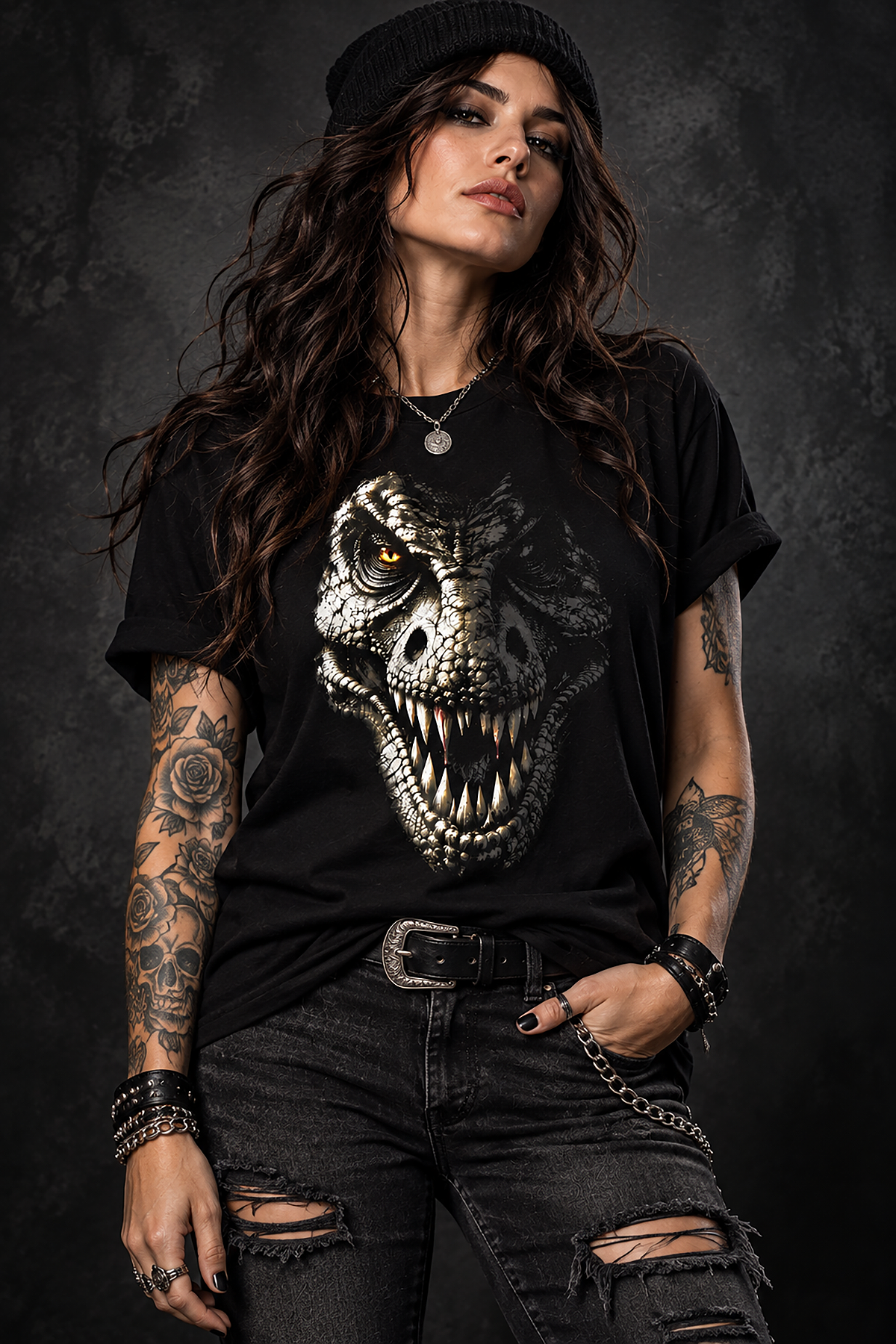 A woman wearing a tee rex t-shirt, black graphic tee, realistic t-rex face illustration, dinosaur teeth closeup design, prehistoric predator graphic print, amber eye dinosaur art, dripping blood dinosaur design, hyper-realistic animal print shirt, apex predator streetwear graphic, unisex crew neck shirt