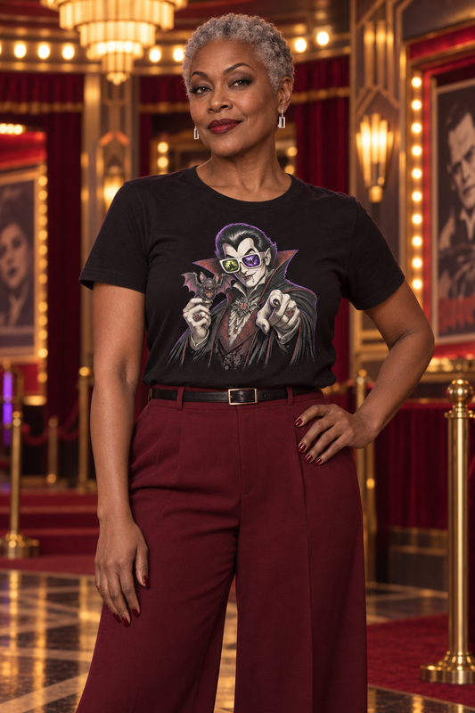 vampire t-shirt, black graphic tee, gothic count illustration, purple glowing hair, red lined cape, retro striped sunglasses, bat companion graphic, halloween horror tee, vintage vampire design, unisex crew neck shirt