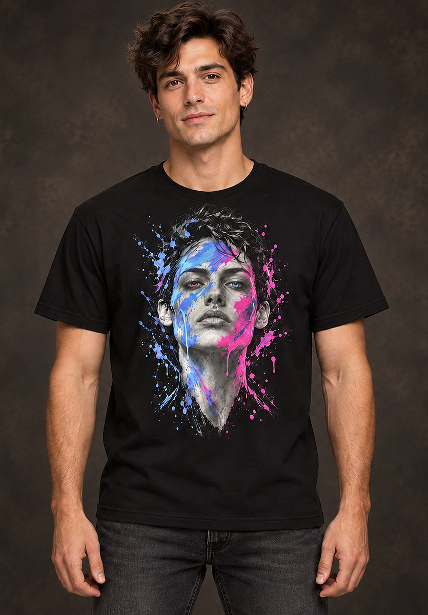 A man wearing a split decision t-shirt, black graphic tee, two-tone face illustration, blue and pink paint splatter design, dripping paint graphic print, electric blue and hot pink accents, dual color portrait art, bold streetwear graphic, high-detail photorealistic print, unisex crew neck shirt