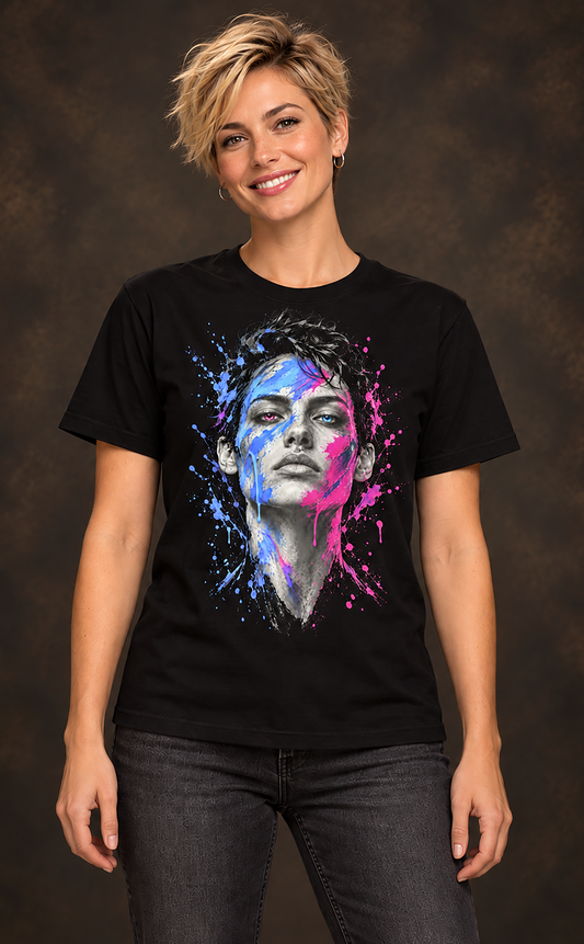 A woman modeling a split decision t-shirt, black graphic tee, two-tone face illustration, blue and pink paint splatter design, dripping paint graphic print, electric blue and hot pink accents, dual color portrait art, bold streetwear graphic, high-detail photorealistic print, unisex crew neck shirt.