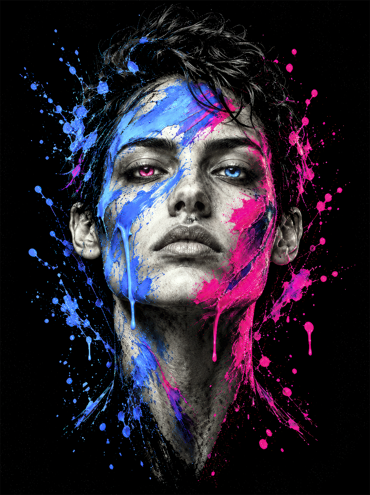 A split decision t-shirt, black graphic tee, two-tone face illustration, blue and pink paint splatter design, dripping paint graphic print, electric blue and hot pink accents, dual color portrait art, bold streetwear graphic, high-detail photorealistic print, unisex crew neck shirt
