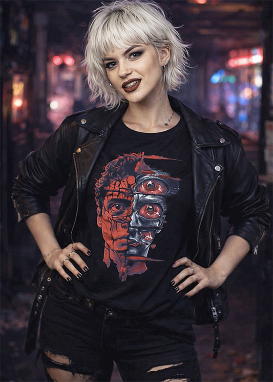 Erase the Day split face human machine horror portrait red chrome black graphic t-shirt front view