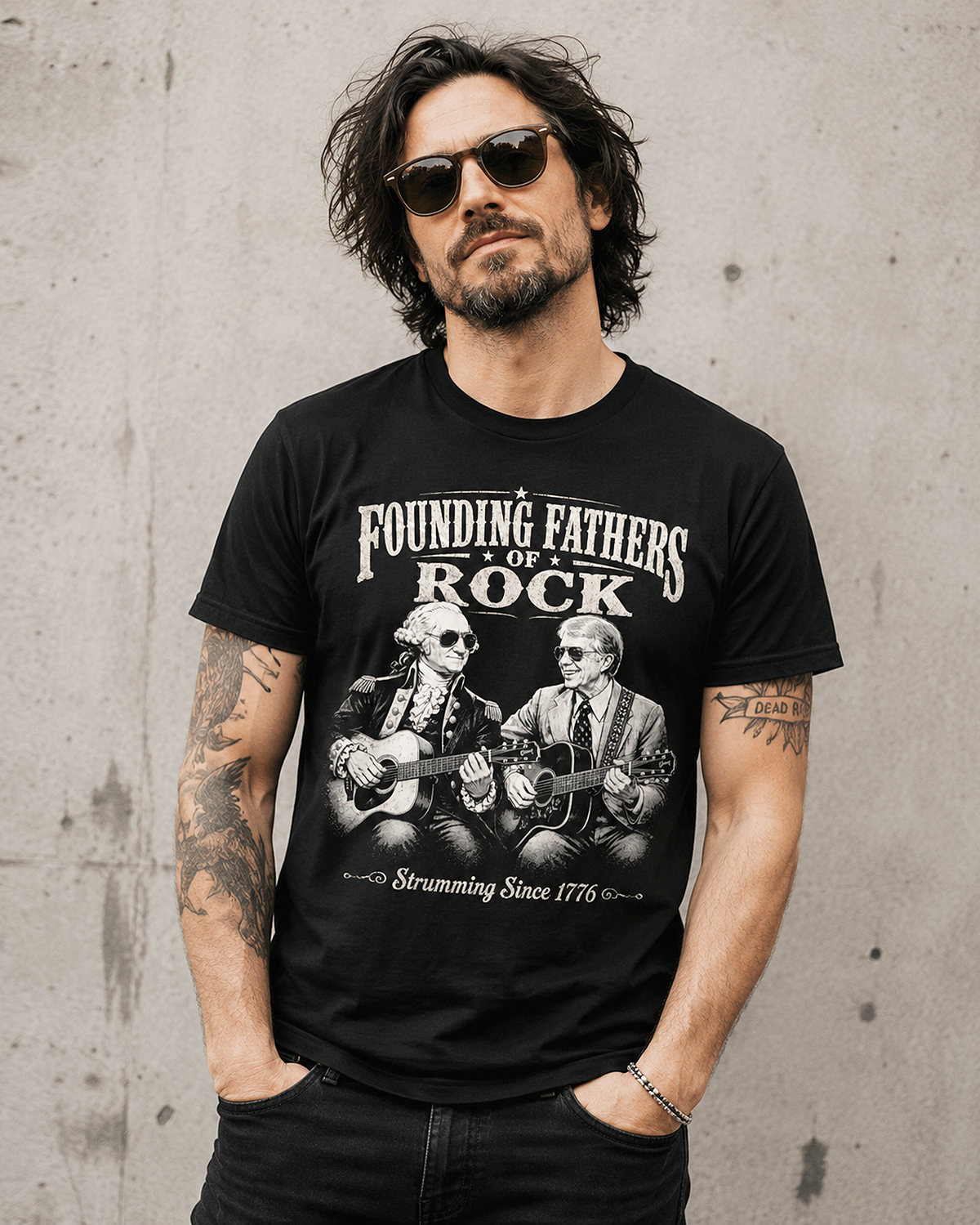 Founding fathers shirt vintage Americana guitar graphic black tee rock tribute