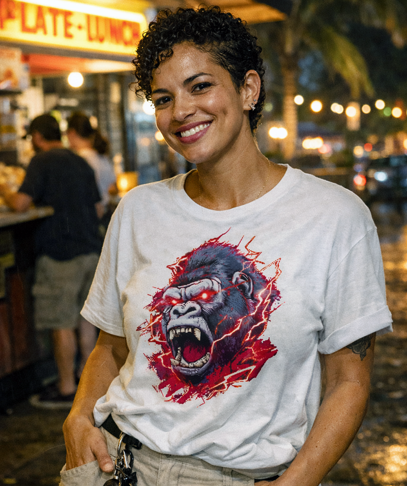 Voltage Gorilla screaming gorilla red lightning tee worn by model white t-shirt outdoor night