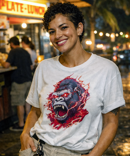 Voltage Gorilla screaming gorilla red lightning tee worn by model white t-shirt outdoor night