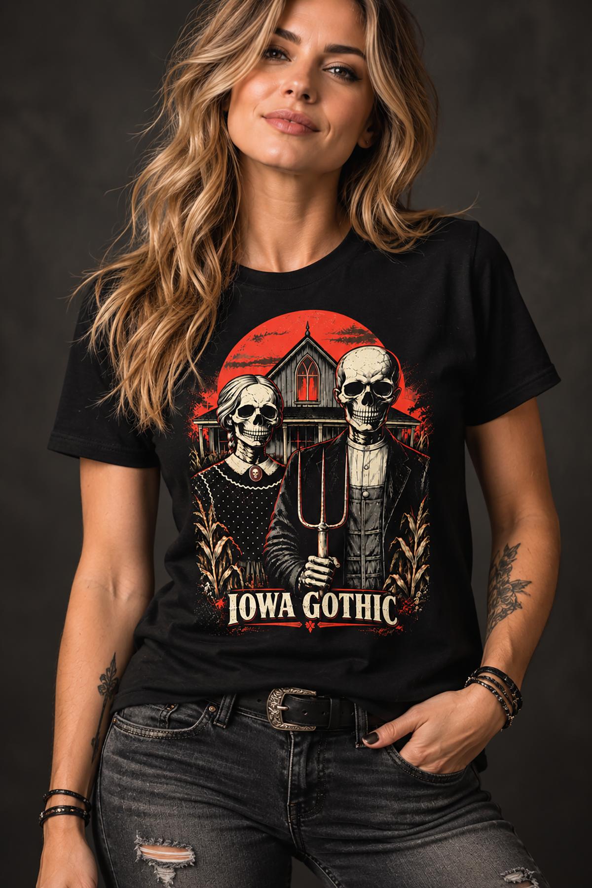 A woman wearing an iowa gothic t-shirt, black graphic tee, skeleton farm couple illustration, gothic farmhouse graphic design, american gothic parody print, pitchfork skull art, blood red sky design, midwest horror streetwear shirt, cornfield gothic graphic, unisex crew neck shirt
