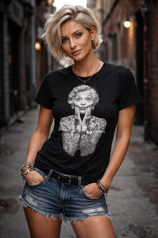 Ink and Awe Granny tattooed grandma humor tee worn by model urban alley black t-shirt