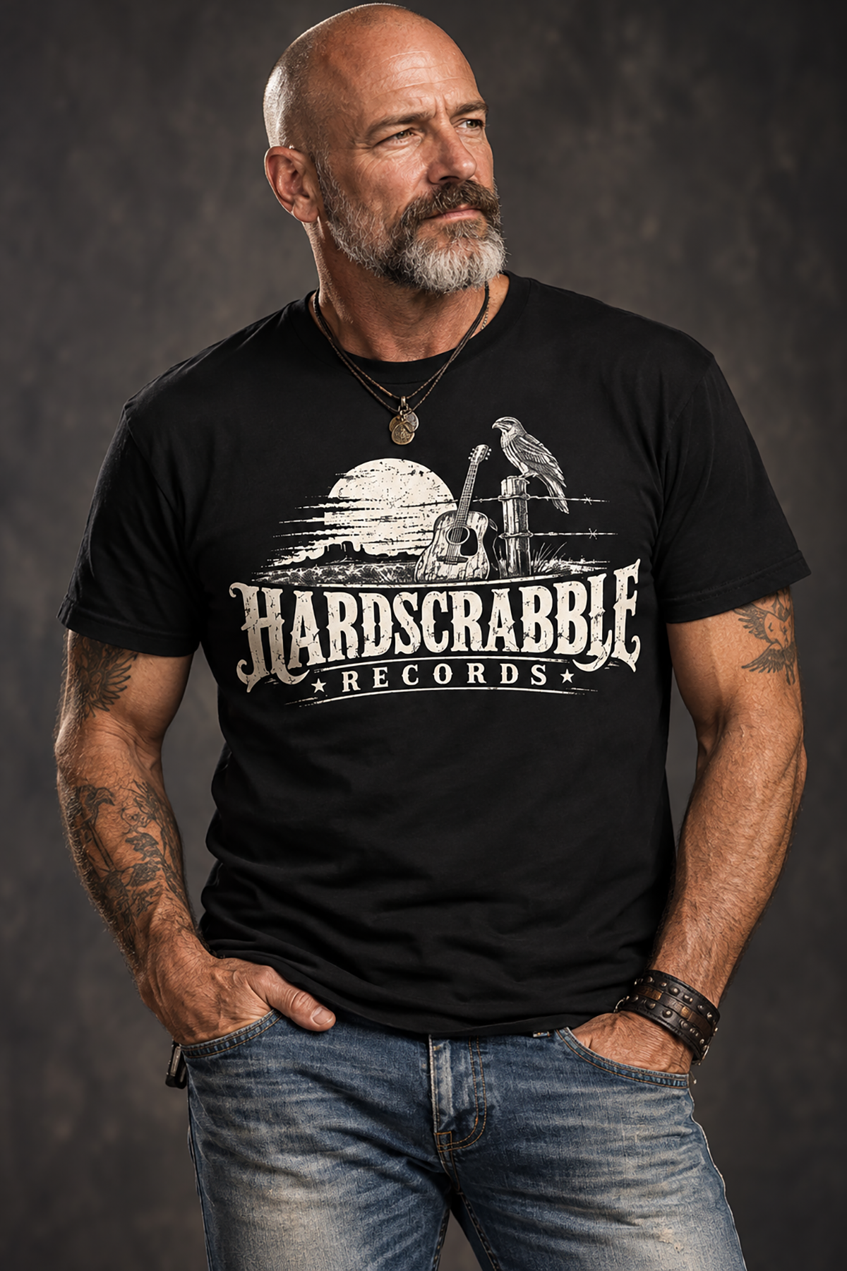 A man wearing a hardscrabble records t-shirt, black graphic tee, desert guitar illustration, hawk on fence post design, western record label graphic, vintage band merch print, rustic desert landscape art, southern rock streetwear shirt, acoustic guitar western design, unisex crew neck shirt