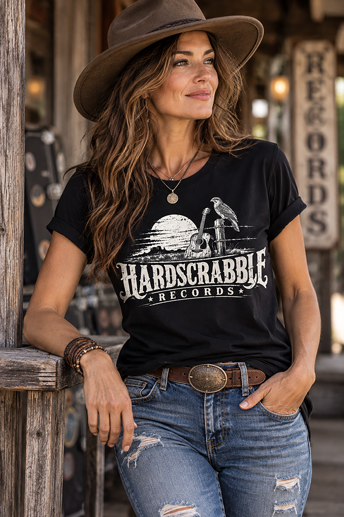 A woman wearing a hardscrabble records t-shirt, black graphic tee, desert guitar illustration, hawk on fence post design, western record label graphic, vintage band merch print, rustic desert landscape art, southern rock streetwear shirt, acoustic guitar western design, unisex crew neck shirt