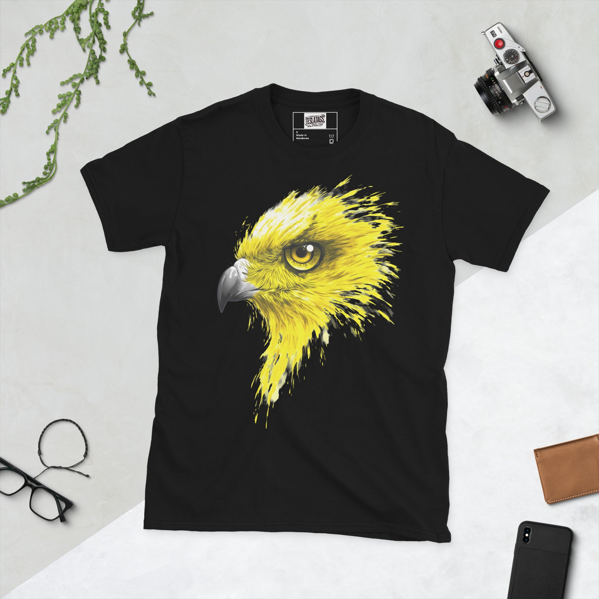 Predator's Gaze golden eagle portrait black graphic t-shirt front view