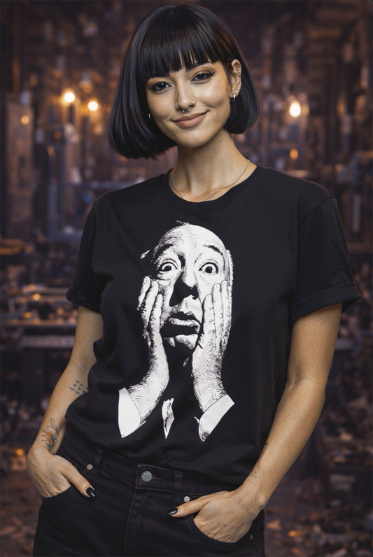 Alfred Hitchcock portrait tee worn by model black graphic t-shirt