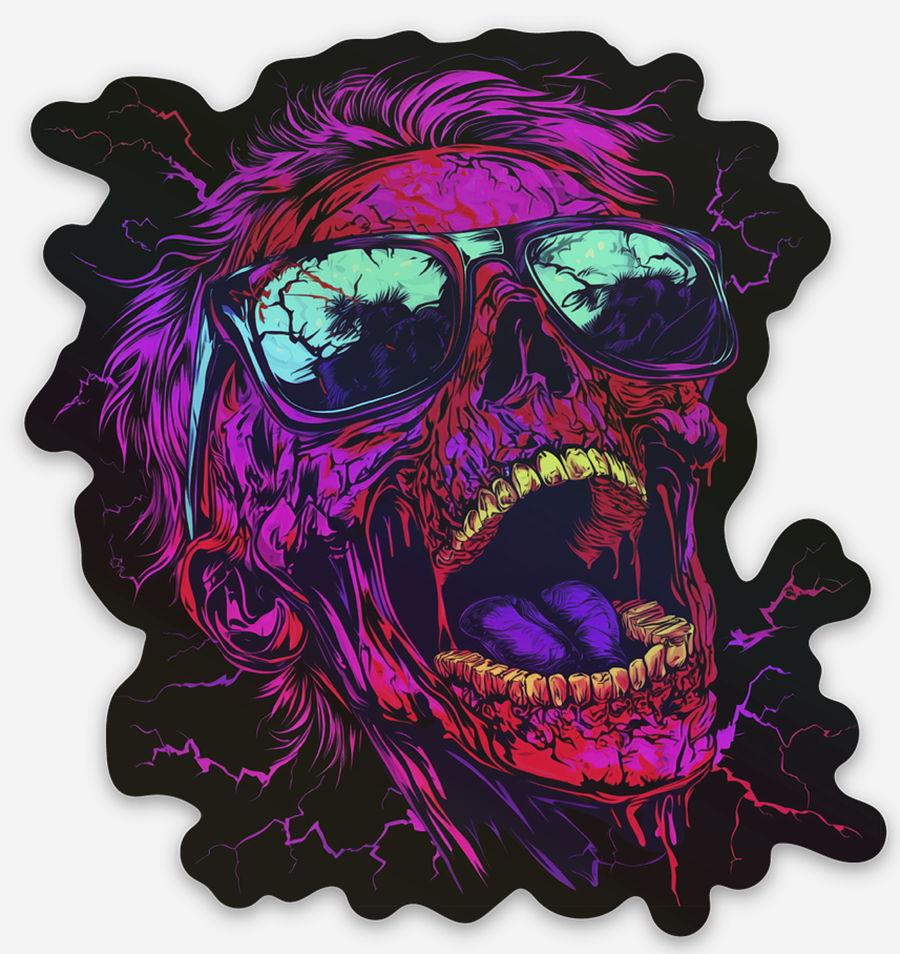 Neon Skullwave holographic die-cut sticker screaming neon skull sunglasses electric pink purple blue rainbow holographic finish