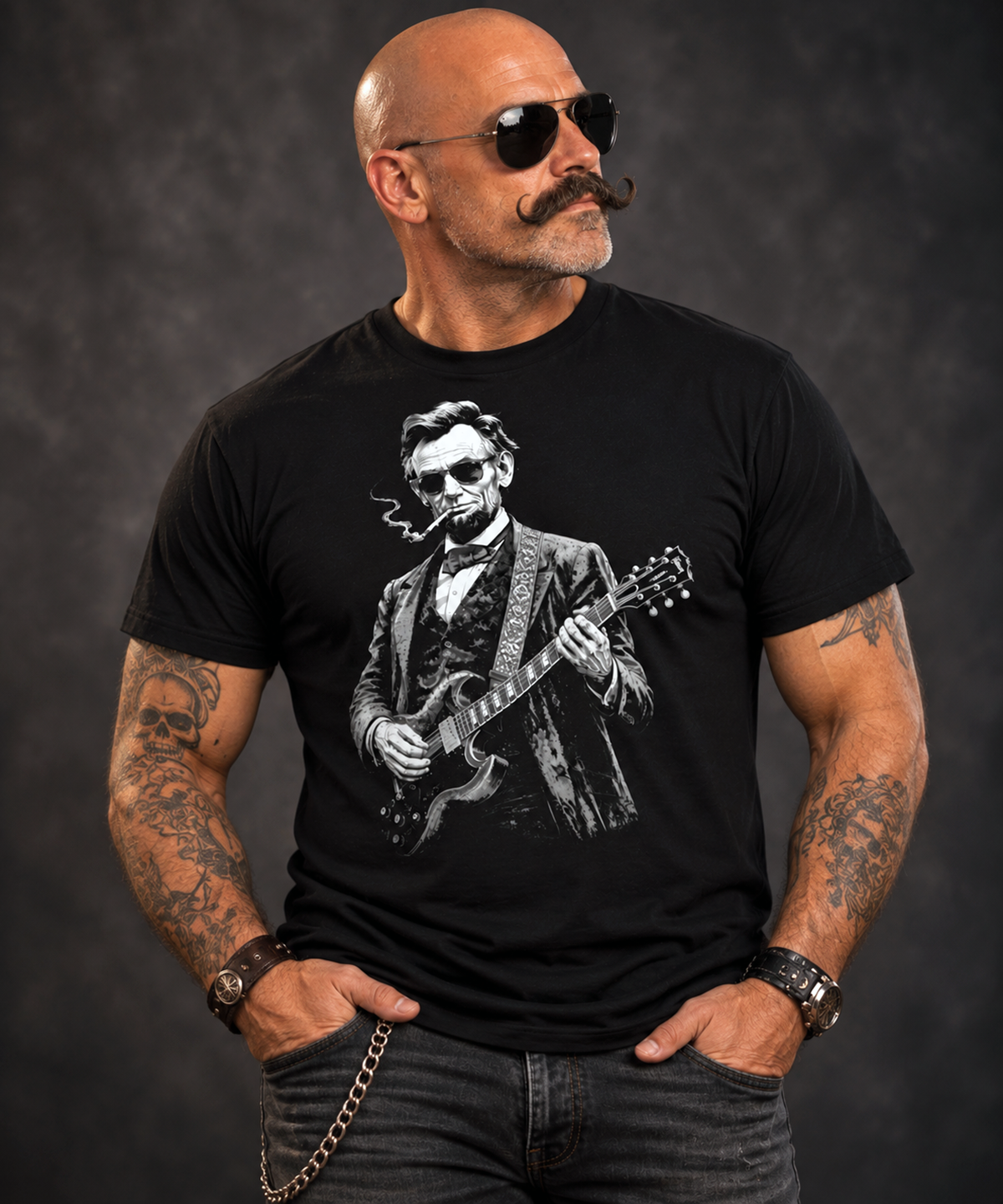 Man wearing an abraham lincoln t-shirt, black graphic tee, president playing electric guitar, rock star portrait design, sunglasses guitar illustration, americana rock graphic, vintage president style shirt, guitar solo print design, patriotic rock streetwear, unisex crew neck shirt