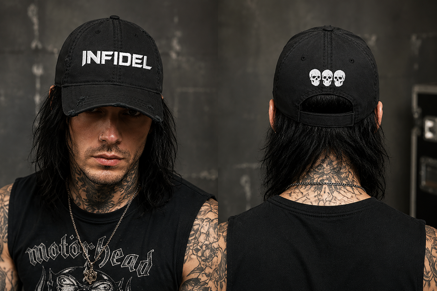 Infidel Distressed Dad Hat — Skull Embroidered Black Baseball Cap