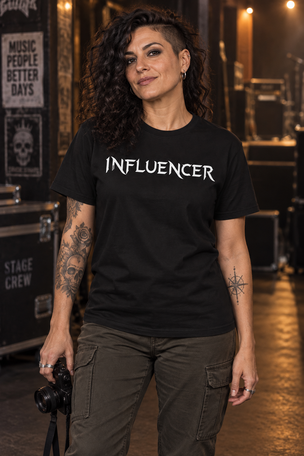 A woman wears an influencer t-shirt, black graphic tee, gothic metal font design, bold white typography, black metal band style lettering, statement tee design, gothic streetwear design, ironic streetwear graphic, content creator tee, unisex crew neck shirt