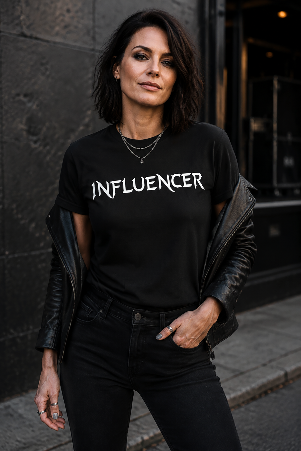 A woman wearing an influencer t-shirt, black graphic tee, gothic metal font design, bold white typography, black metal band style lettering, statement tee design, gothic streetwear design, ironic streetwear graphic, content creator tee, unisex crew neck shirt
