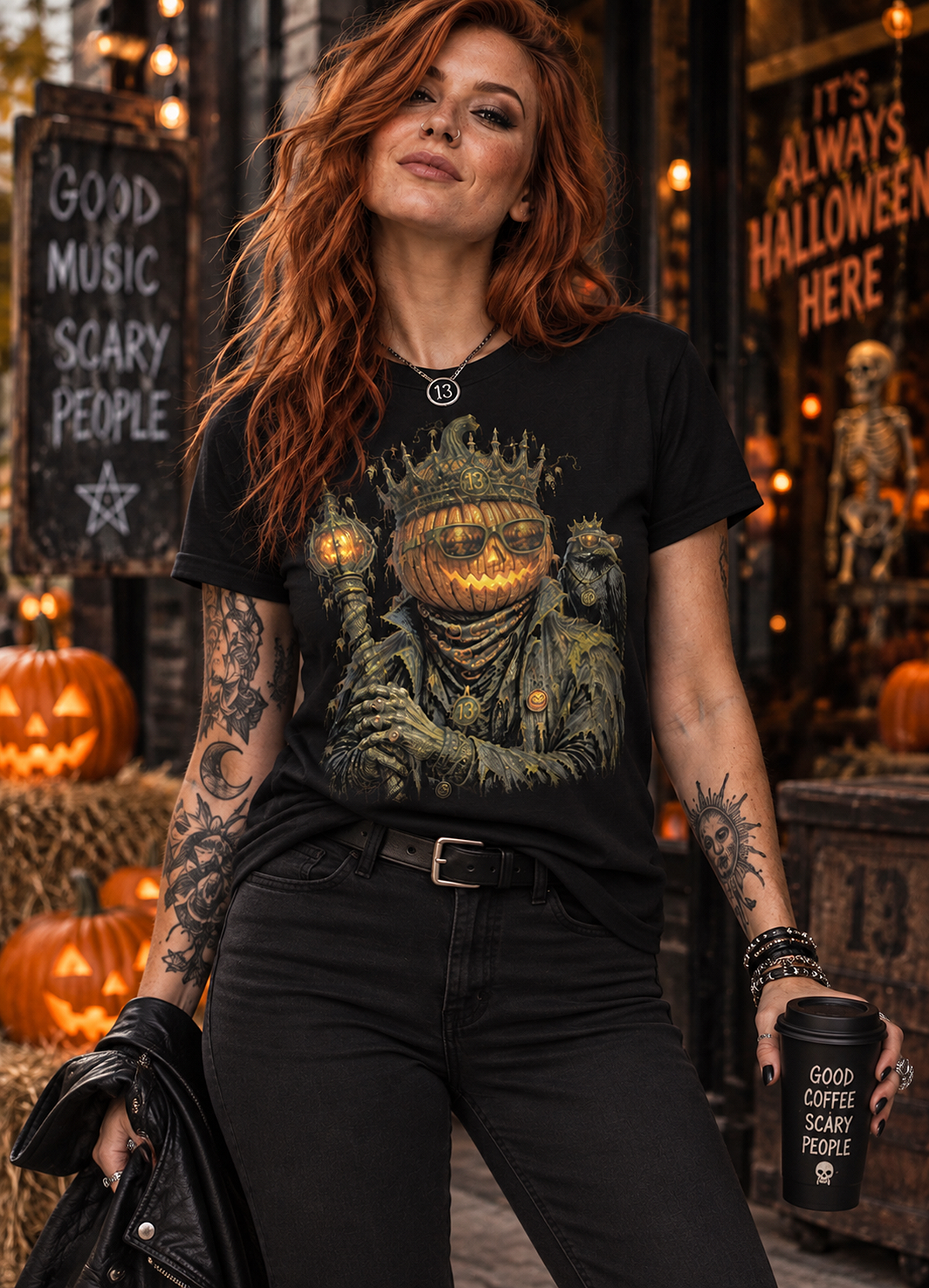 A woman wearing a jack o lantern t-shirt, black graphic tee, crowned pumpkin king illustration, glowing carved pumpkin face, gothic sunglasses graveyard reflection, raven companion graphic, halloween king design, lantern scepter graphic, gothic streetwear tee, unisex crew neck shirt