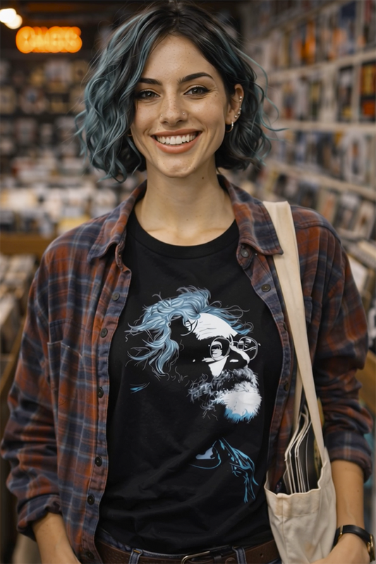 Jerry Garcia rock legend tribute tee worn by model in record store black t-shirt