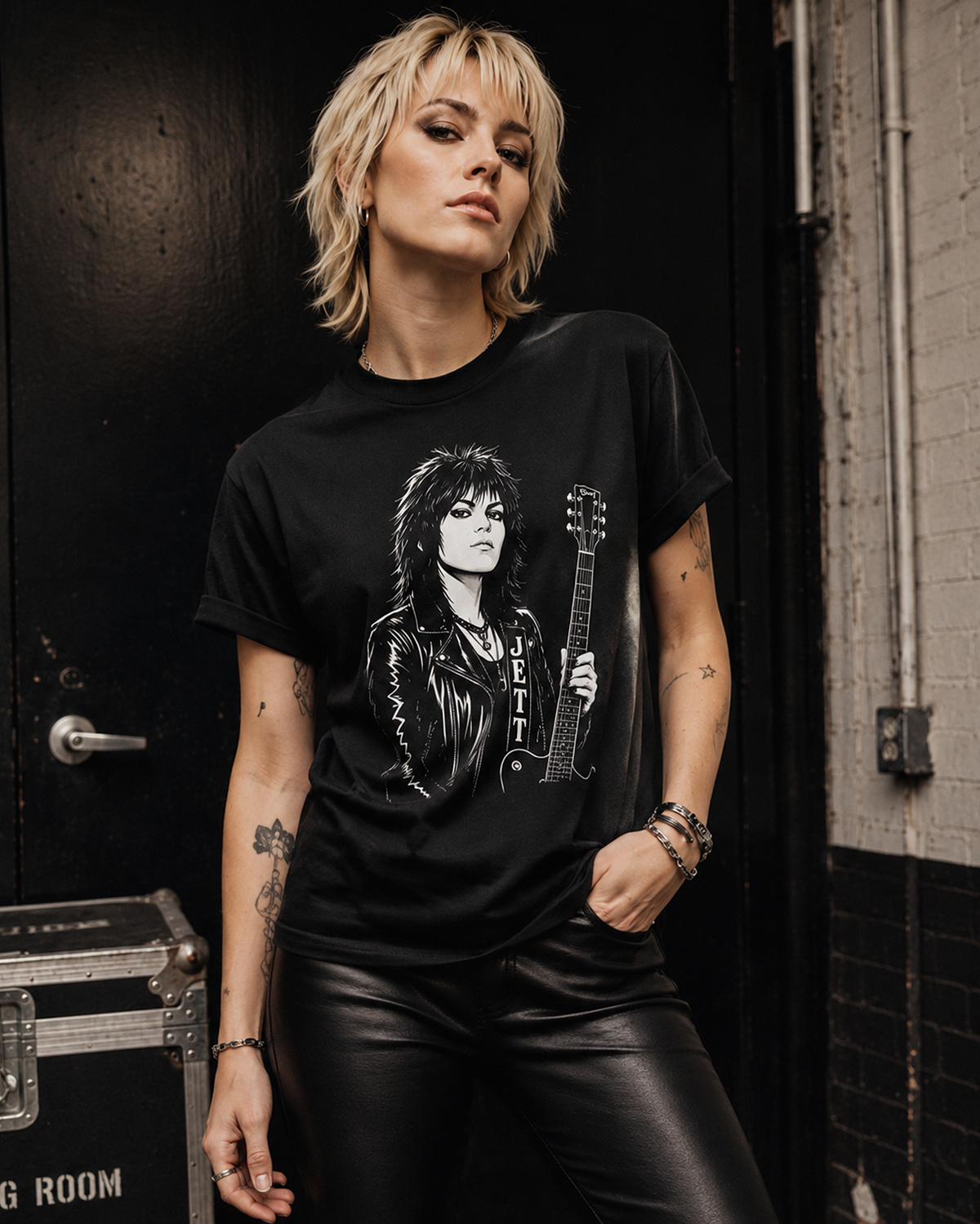 Joan Jett t-shirt black and white guitar portrait rock legend graphic tee