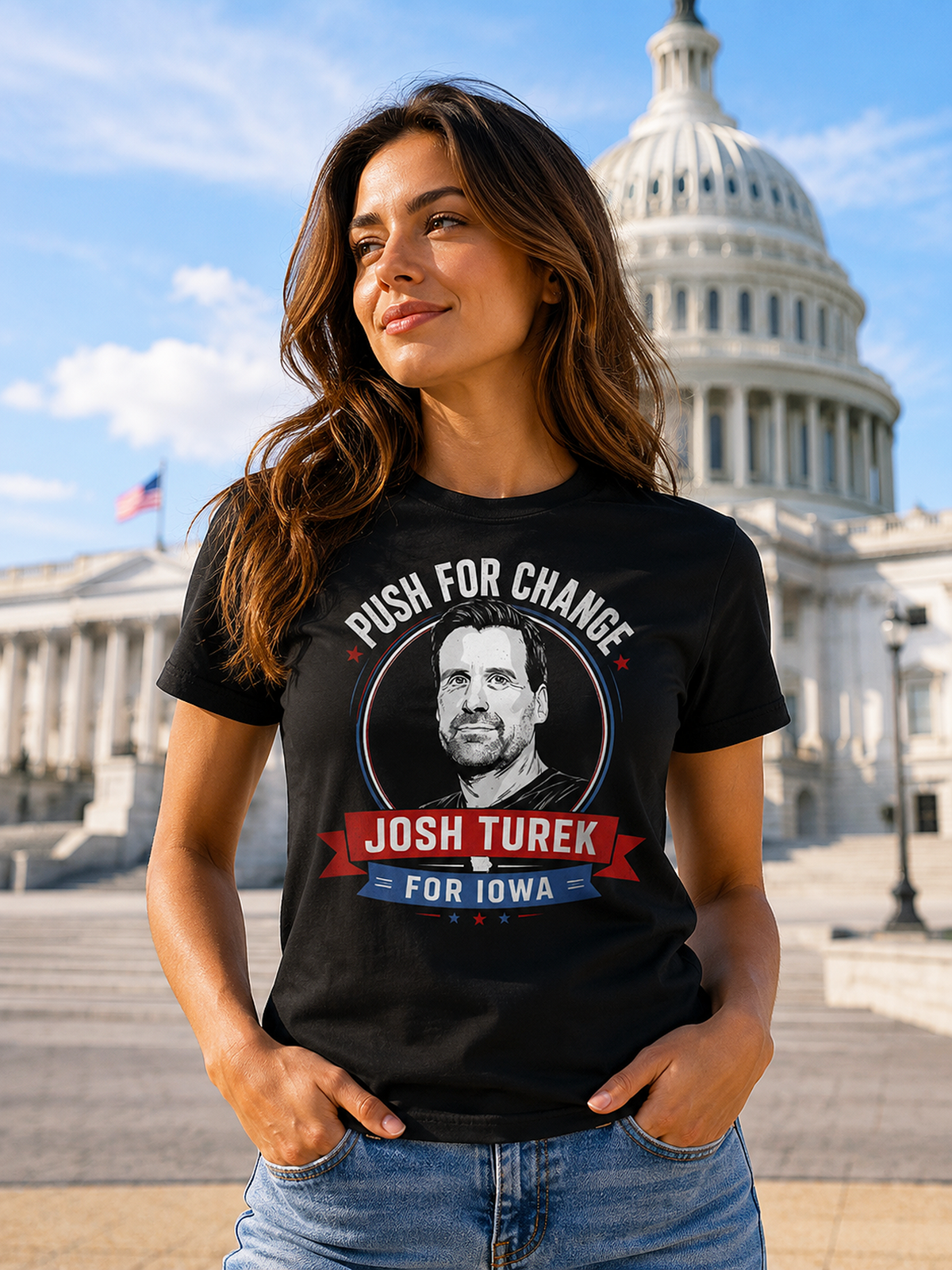 Josh Turek for Iowa unofficial supporter shirt Push for Change red white blue portrait campaign graphic black tee Capitol background