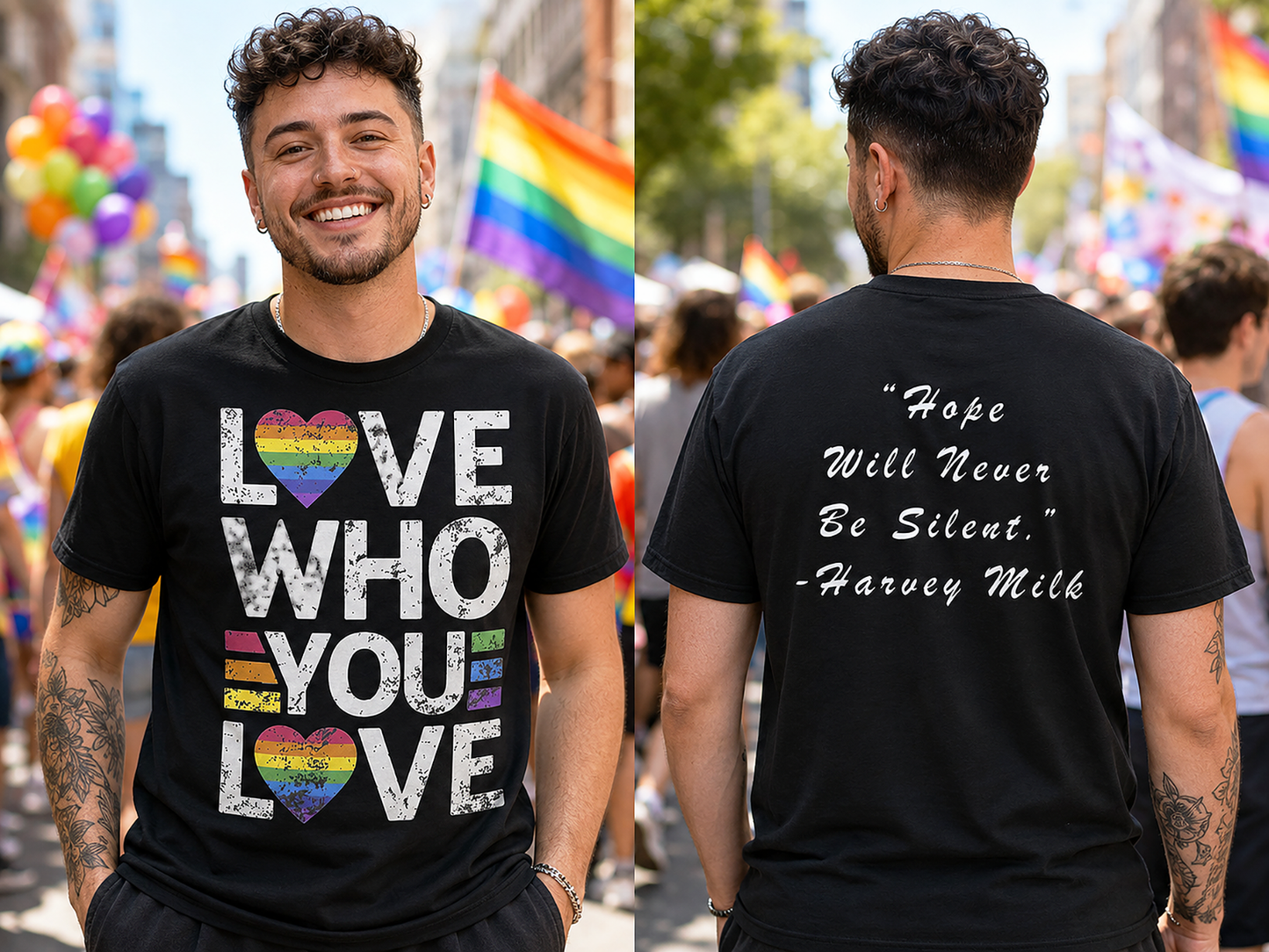 Pride Month Shirt — Love Who You Love Two Sided Harvey Milk Quote Tee