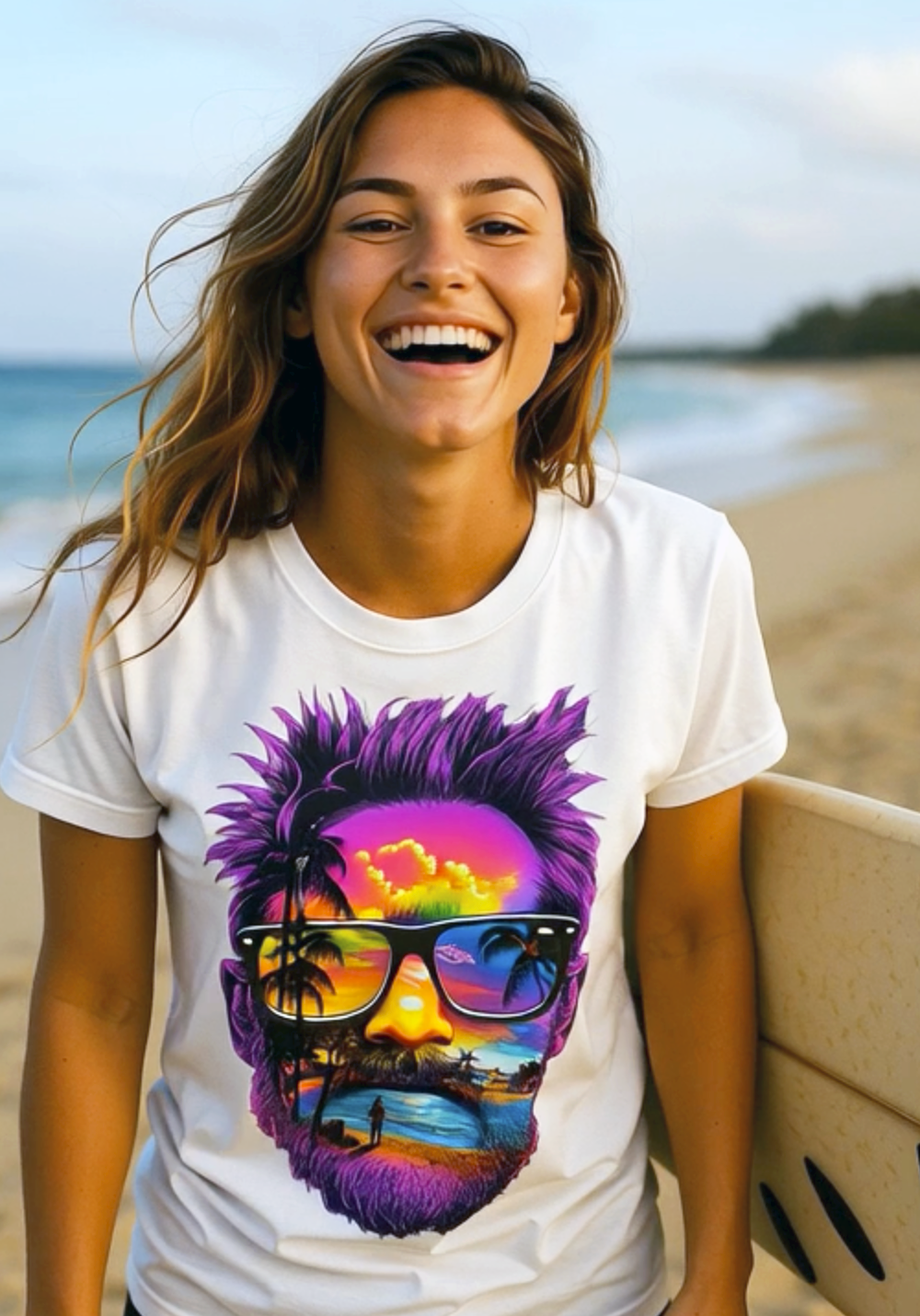 Maui Mindset neon beach sunset portrait tee worn by surfer model on Maui beach white t-shirt