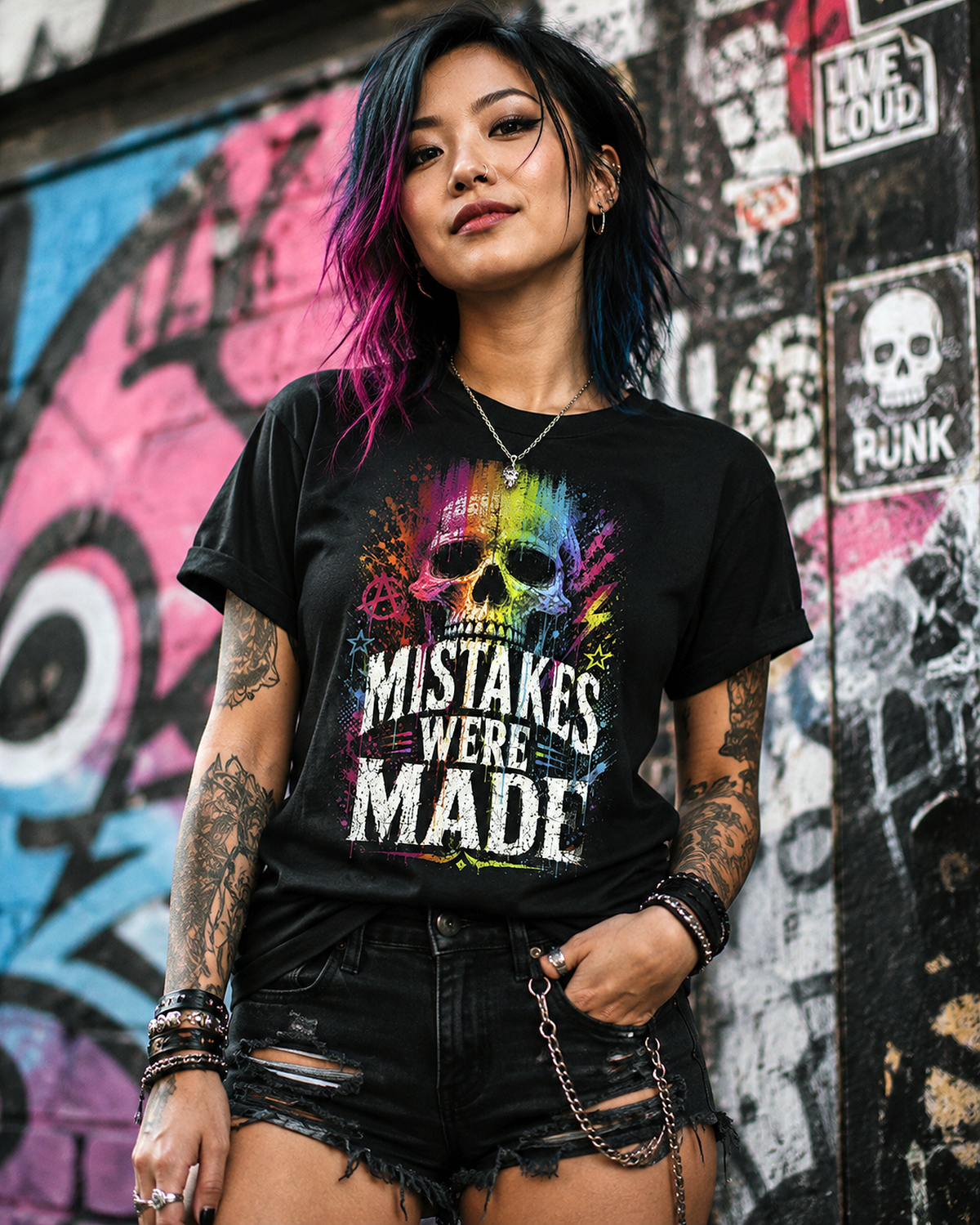 Mistakes Were Made Shirt | Rainbow Skull Funny Dark Humor Tee | Punk Graphic T-Shirt