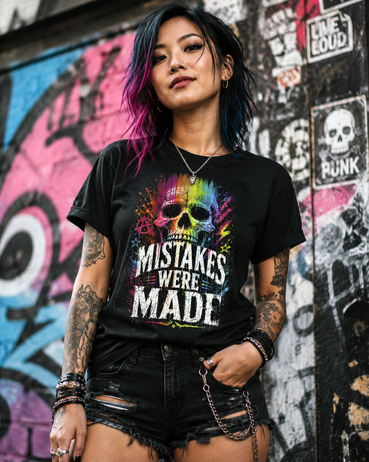Mistakes Were Made Shirt | Rainbow Skull Funny Dark Humor Tee | Punk Graphic T-Shirt