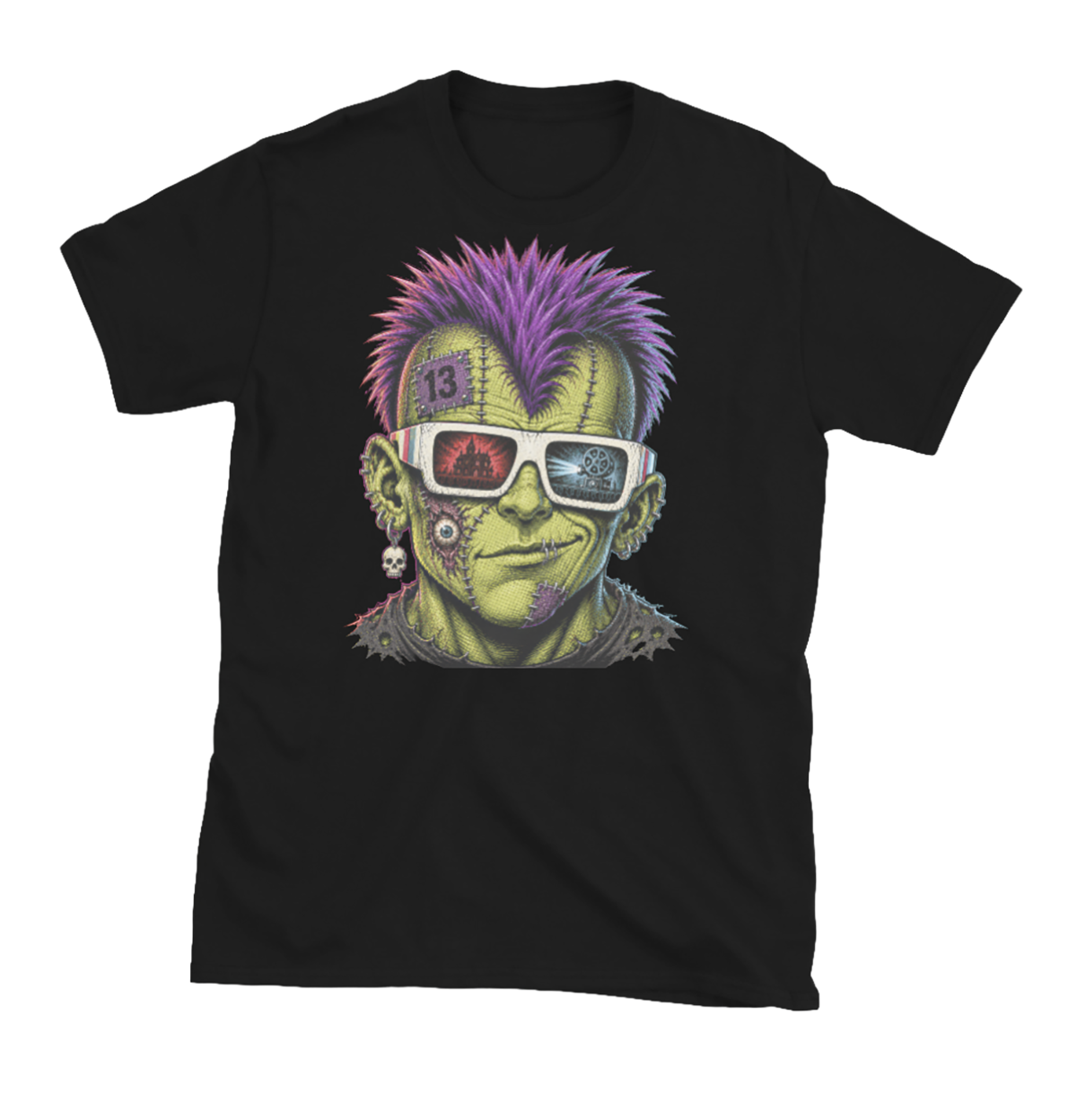 punk monster t-shirt, black graphic tee, stitched green face illustration, purple mohawk design, retro 3d glasses reflection, skull earring graphic, patchwork monster tee, halloween horror shirt, gothic streetwear design, unisex crew neck shirt