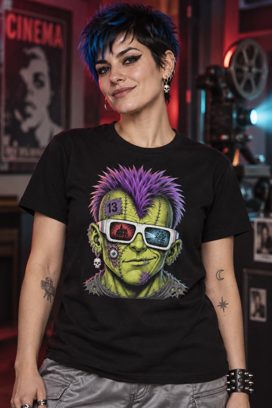 Woman wearing a punk monster t-shirt, black graphic tee, stitched green face illustration, purple mohawk design, retro 3d glasses reflection, skull earring graphic, patchwork monster tee, halloween horror shirt, gothic streetwear design, unisex crew neck shirt